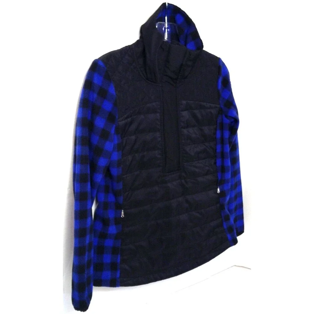 L-RL Lauren Active Jacket Wm PS Blue Black Check 1/2 Zip Quilted Fleece Outdoors